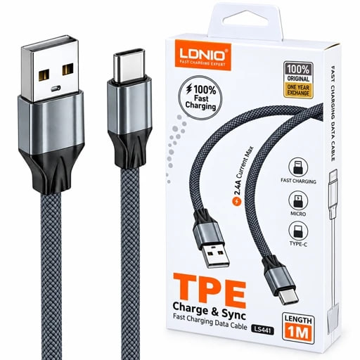 کابل میکرو یو اس بی الدنیو LDNIO مدل LS441 جریان 2.4 آمپر 1 متری